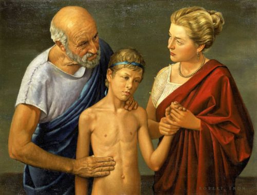 Vintage painting, abdominal examination of sick boy