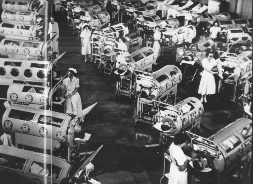 Massive hospital ward full of iron lungs